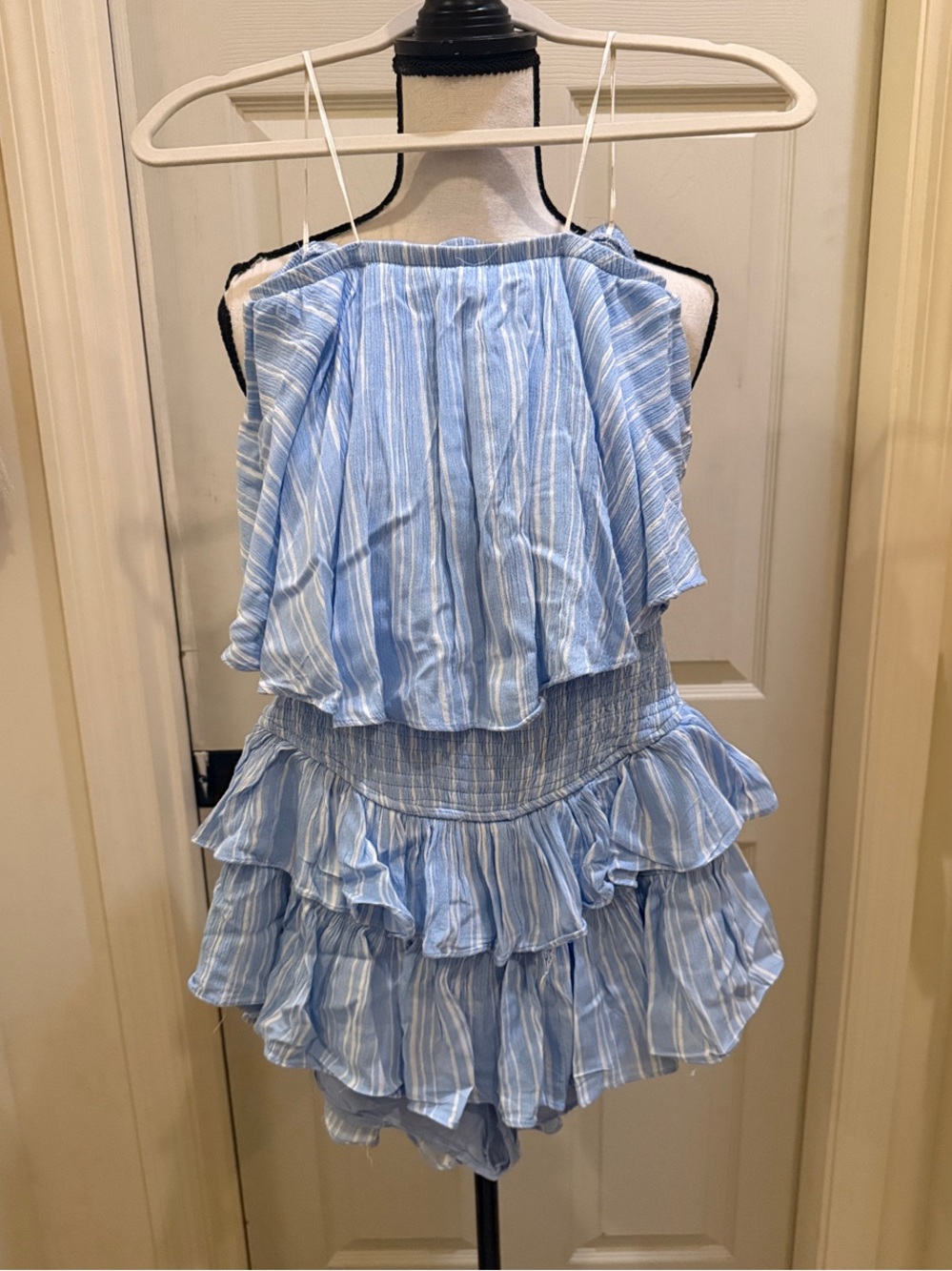 Mustard Seed Light Blue & White Striped Ruffle Mini Dress